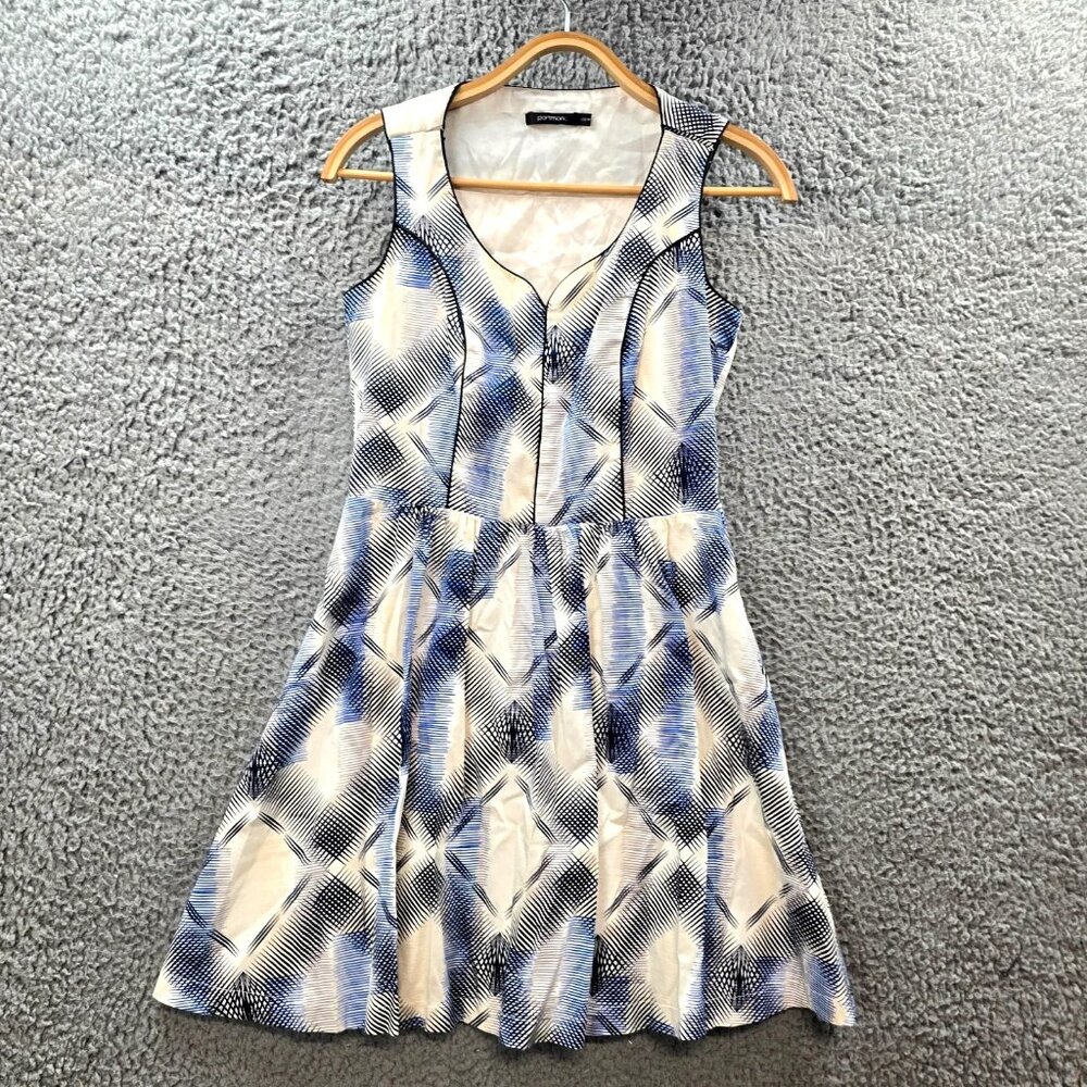 Portmans Womens A-line Dress Blue Ivory Sleeveless Sweetheart Neck